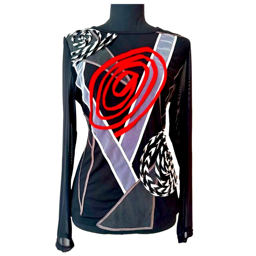 Radzoli Black Long Sleeve Tee with Red & White Abstract Floral Accents